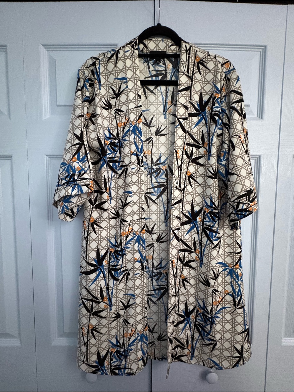 Topshop White Kimono sleeve Coat w Blue & Black Floral & Grey Bamboo sz 2/S